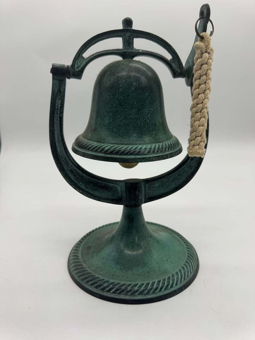 Metal Nautical Tabletop Dinner Bell Green Rope Details